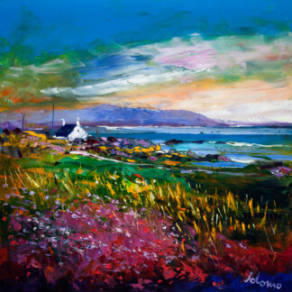 A vibrant, impressionistic painting of a coastal scene with a white house, vivid flora, and a dramatic sky. By John Lawrie Morrison OBE